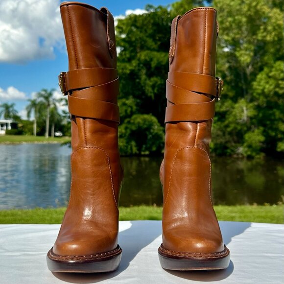KORS Michael Kors Lisa Mid-Calf Heel Wrap Buckle Biker Boots Saddle Size 7M - Picture 4 of 11